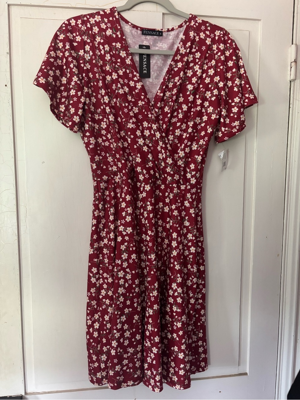 Fensace Red Floral Midi Dress with Wrap Front